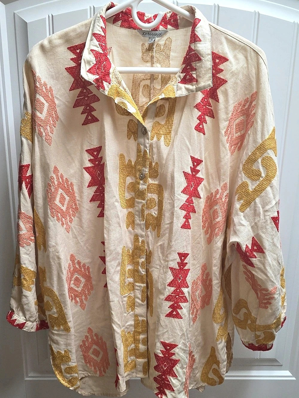 John Mark Geometric Linen Button Down in Cream & Red XL